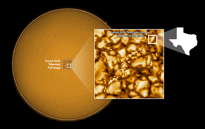 The sun, and the close-up image of it captured by the Inouye Solar Telescope